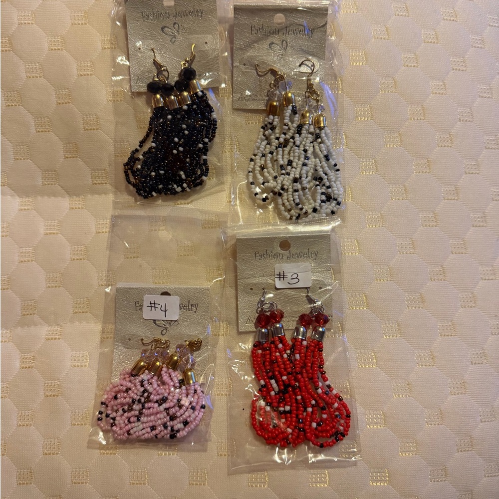 Beaded Dangle Earrings Set - Black, White, Pink, Red